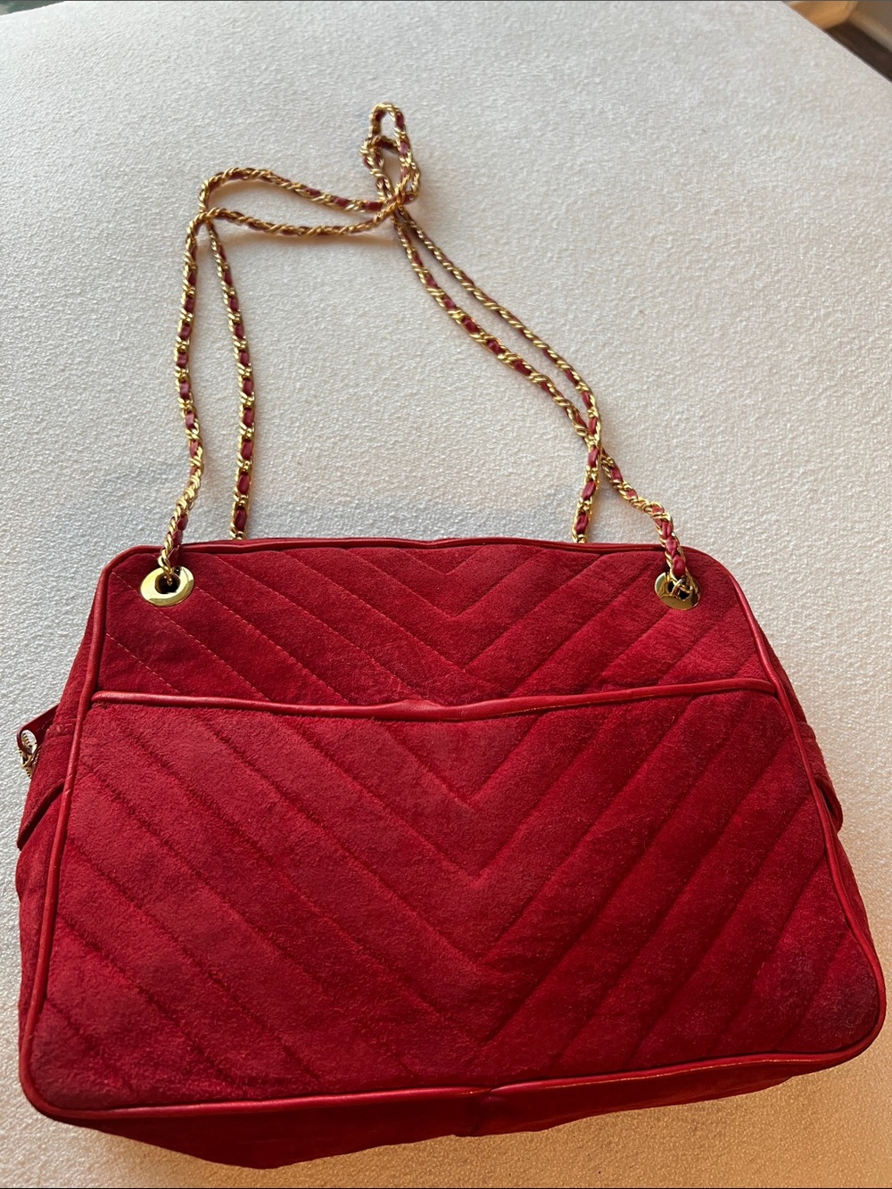 Vintage Quilted Red SUEDE Chain-Handle Shoulder Bag